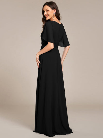 Pleated Short Sleeve Ruffled Maxi Evening Dress #color_Black