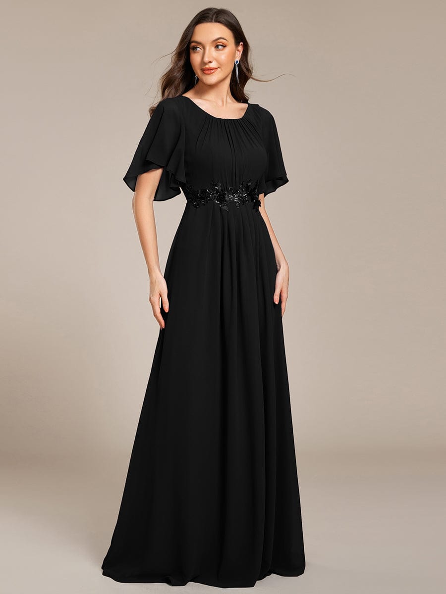 Pleated Short Sleeve Ruffled Maxi Evening Dress #color_Black
