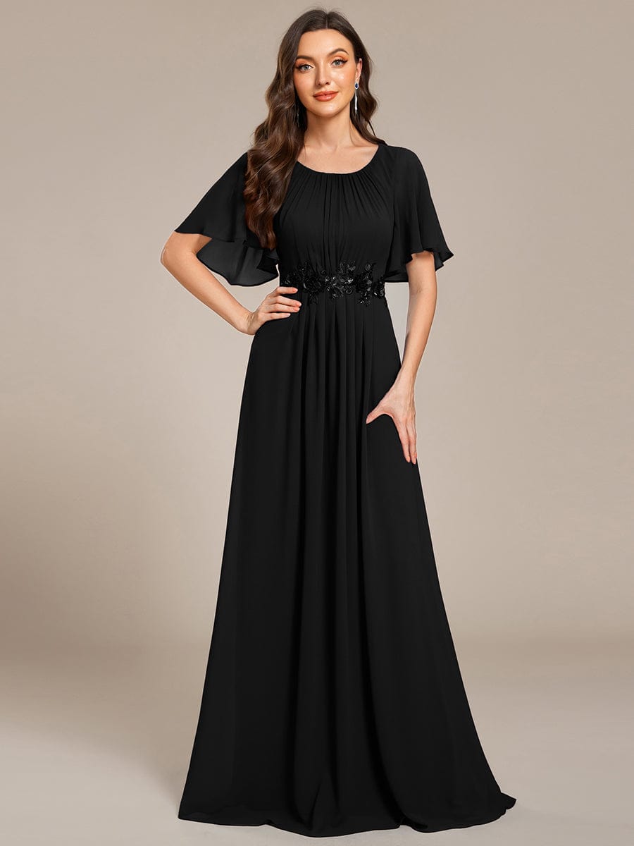 Pleated Short Sleeve Ruffled Maxi Evening Dress #color_Black