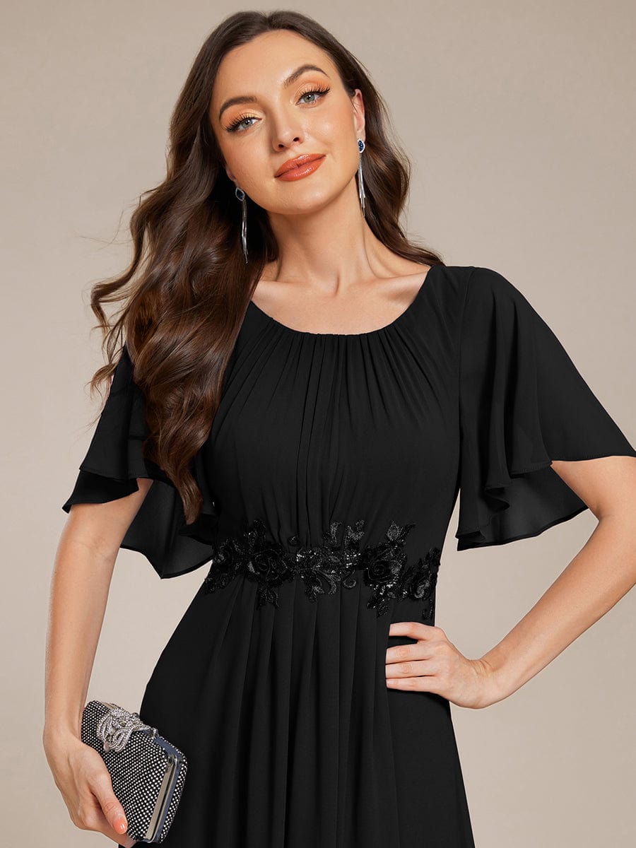 Pleated Short Sleeve Ruffled Maxi Evening Dress #color_Black