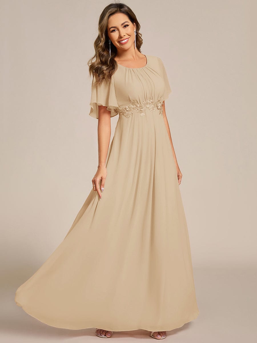 Pleated Short Sleeve Ruffled Maxi Evening Dress #color_Champagne
