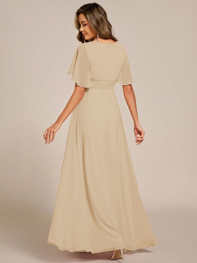 Pleated Short Sleeve Ruffled Maxi Evening Dress #color_Champagne