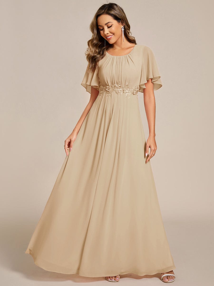 Pleated Short Sleeve Ruffled Maxi Evening Dress #color_Champagne