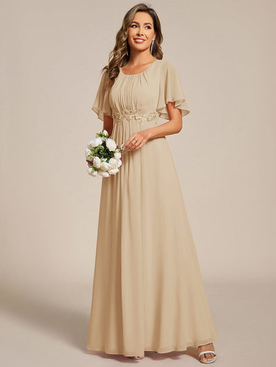 Pleated Short Sleeve Ruffled Maxi Evening Dress #color_Champagne