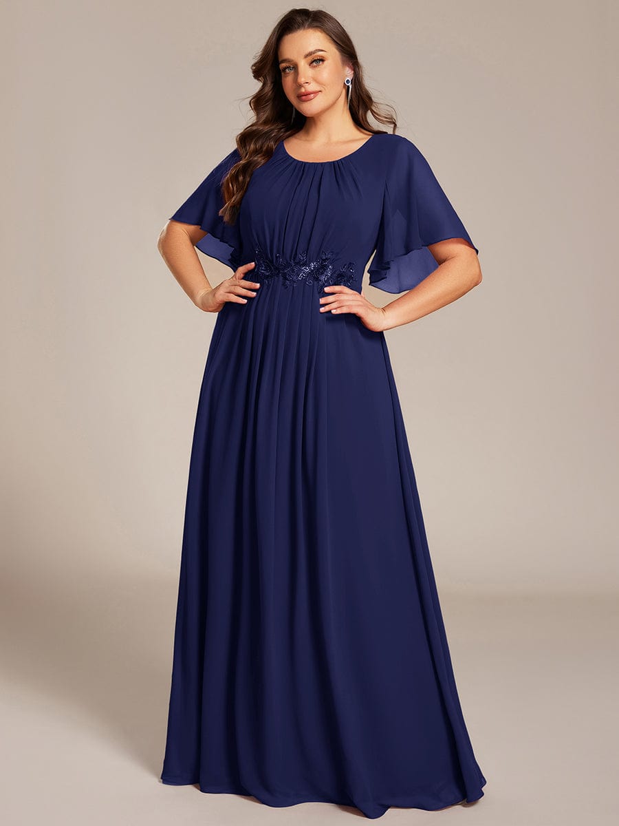 Pleated Short Sleeve Ruffled Maxi Evening Dress #color_Navy Blue