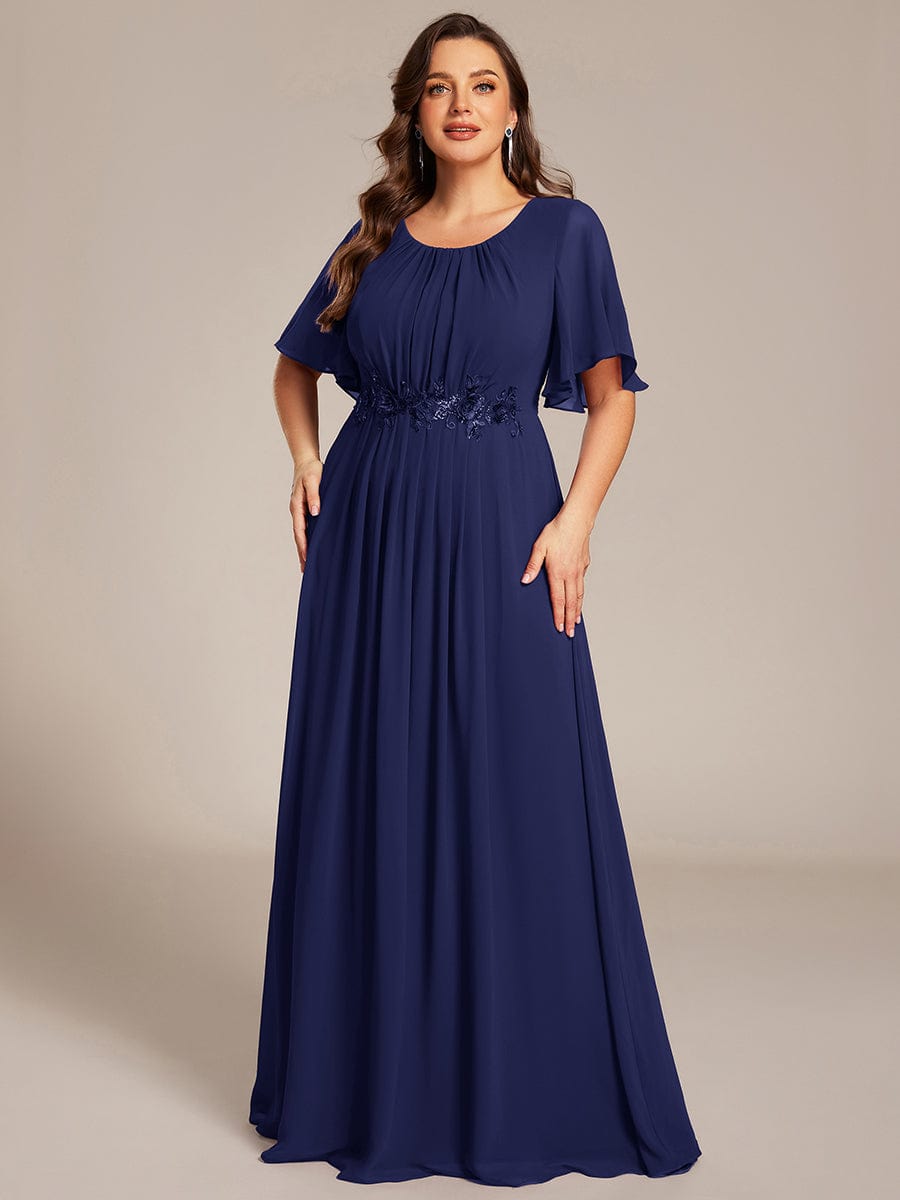 Pleated Short Sleeve Ruffled Maxi Evening Dress #color_Navy Blue