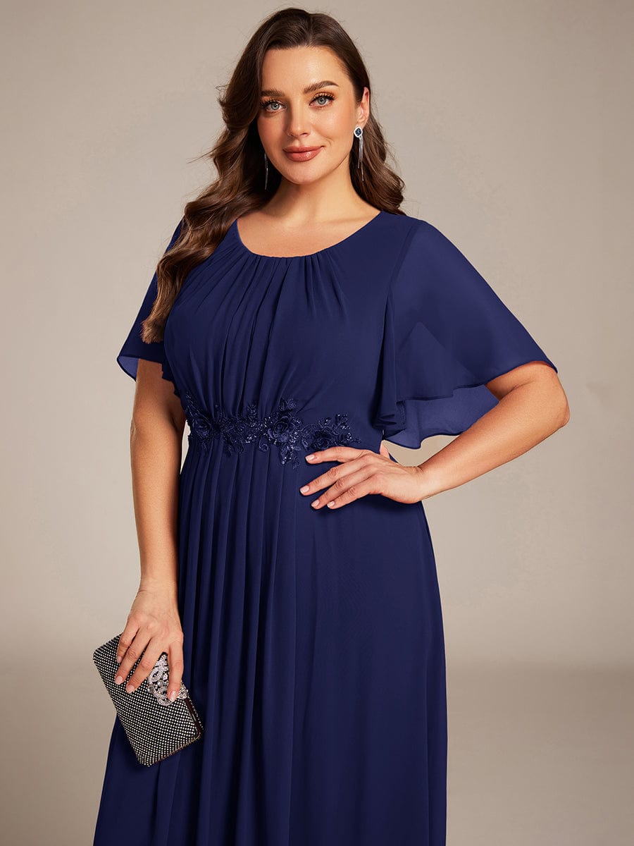 Pleated Short Sleeve Ruffled Maxi Evening Dress #color_Navy Blue