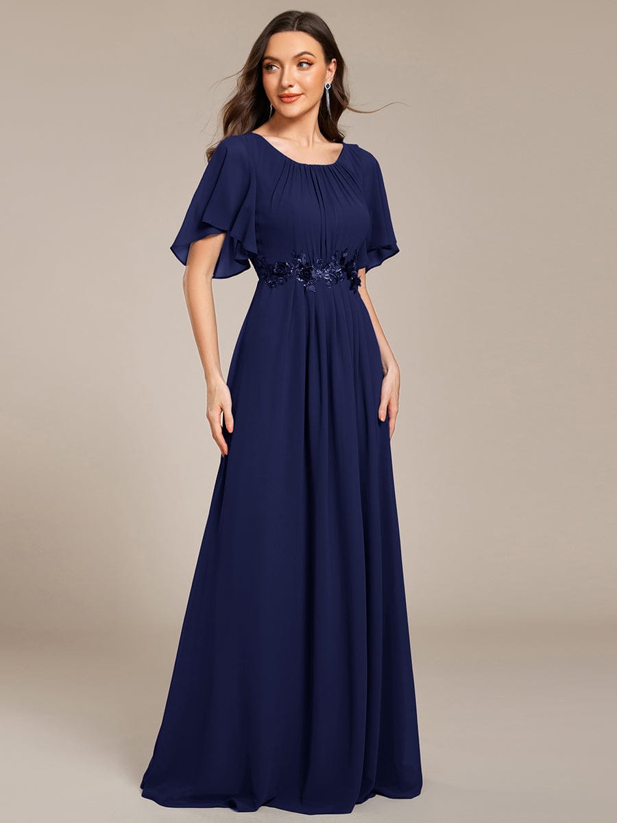 Pleated Short Sleeve Ruffled Maxi Evening Dress #color_Navy Blue