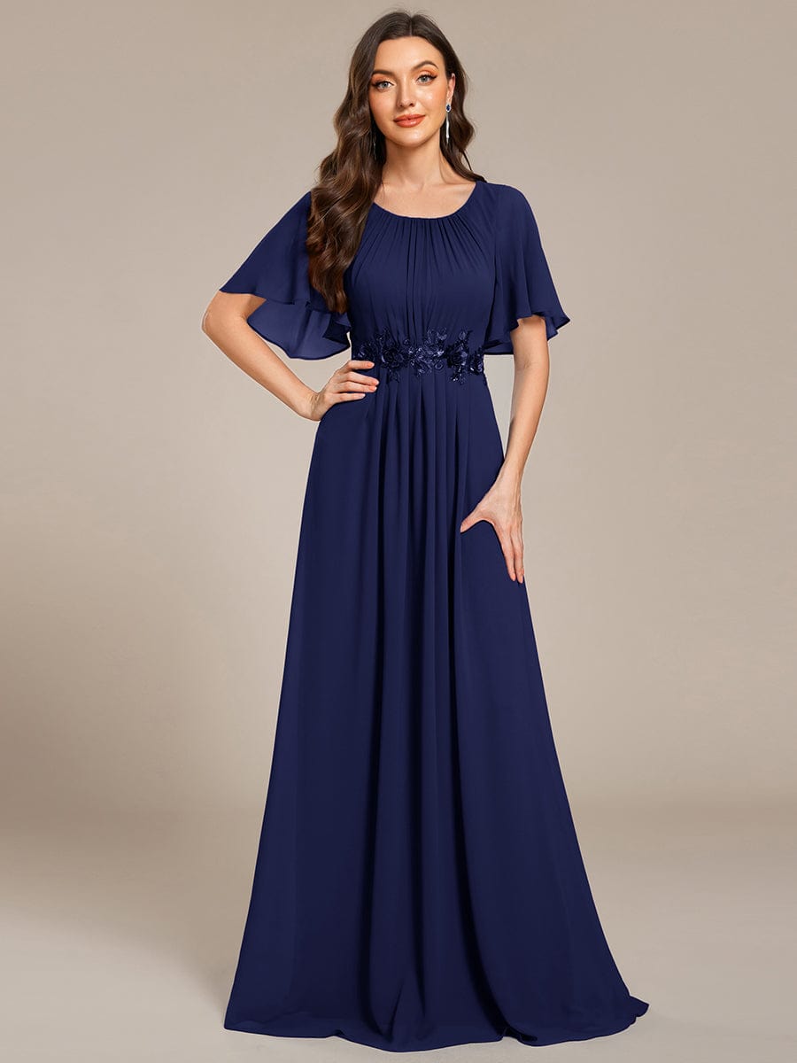 Pleated Short Sleeve Ruffled Maxi Evening Dress #color_Navy Blue