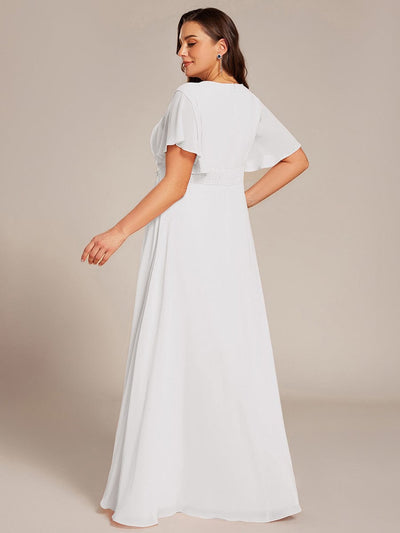 Pleated Short Sleeve Ruffled Maxi Evening Dress #color_White