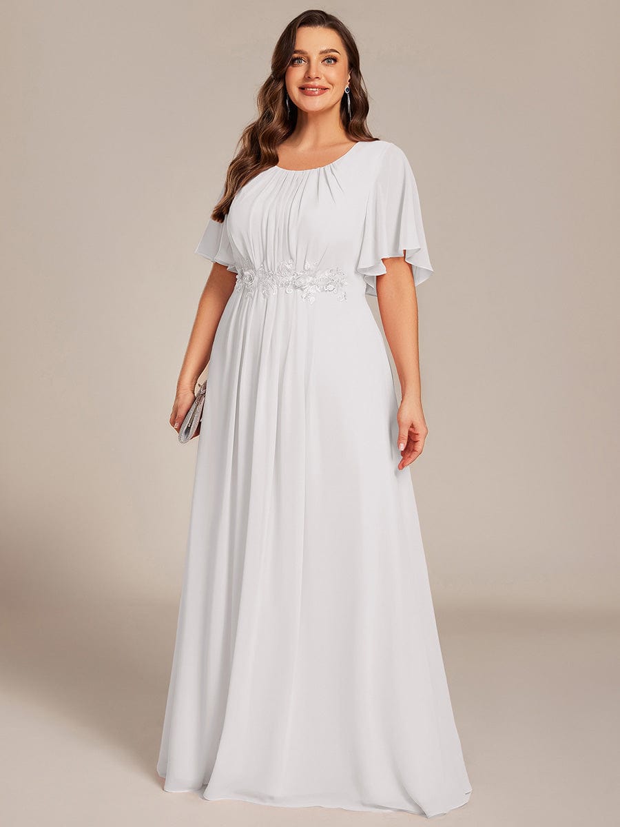 Pleated Short Sleeve Ruffled Maxi Evening Dress #color_White