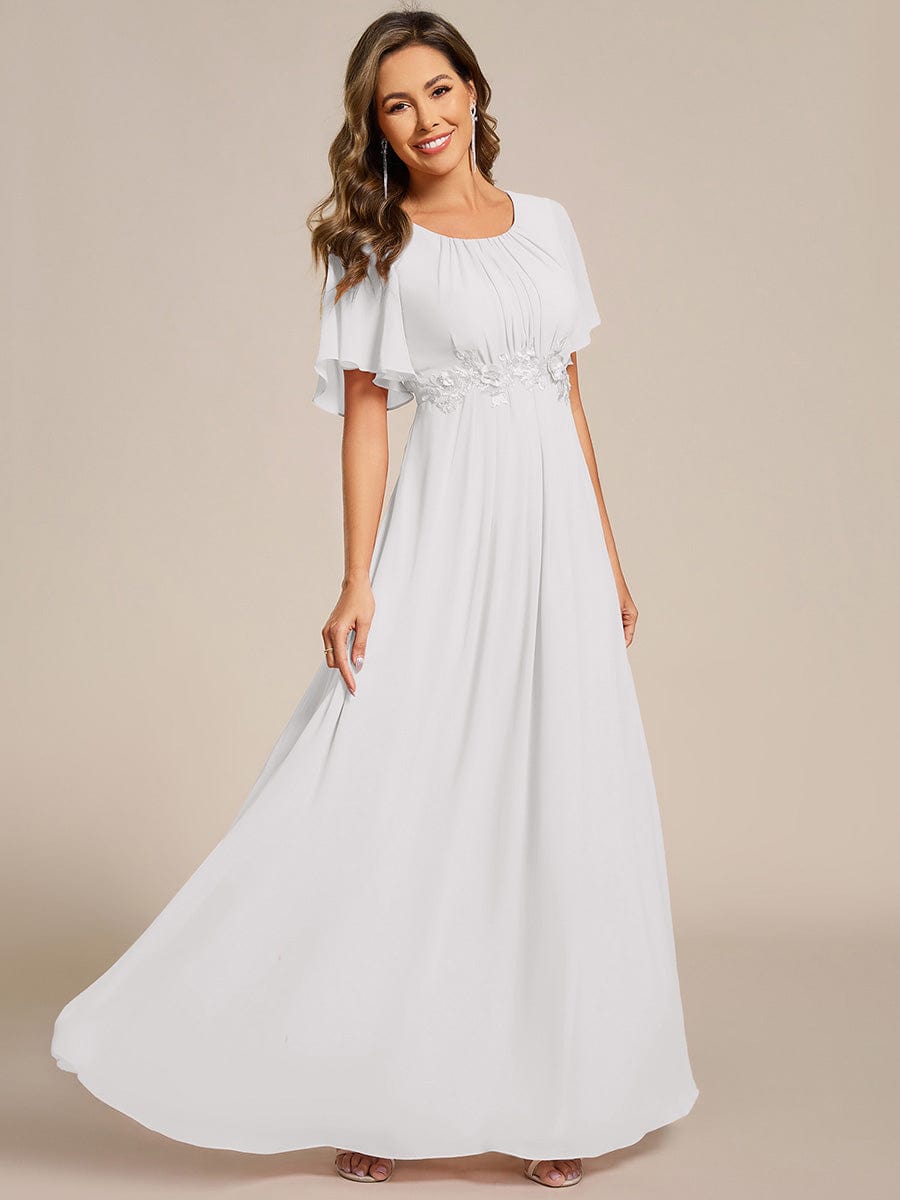 Pleated Short Sleeve Ruffled Maxi Evening Dress #color_White