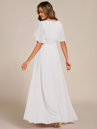 Pleated Short Sleeve Ruffled Maxi Evening Dress #color_White
