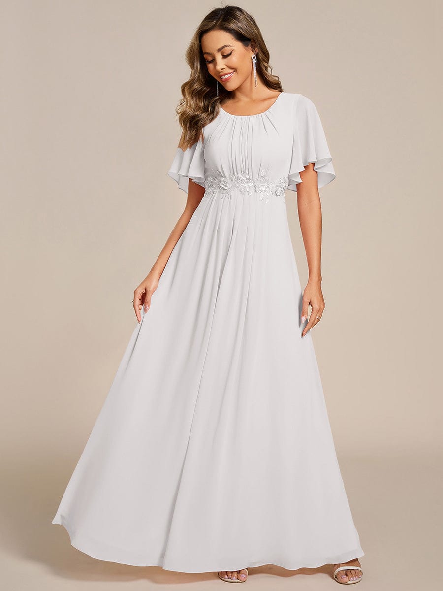 Pleated Short Sleeve Ruffled Maxi Evening Dress #color_White