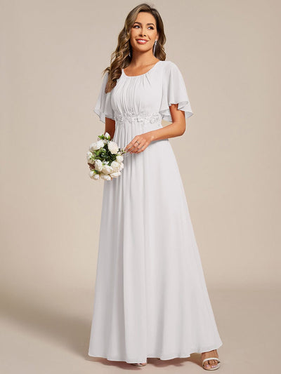 Pleated Short Sleeve Ruffled Maxi Evening Dress #color_White