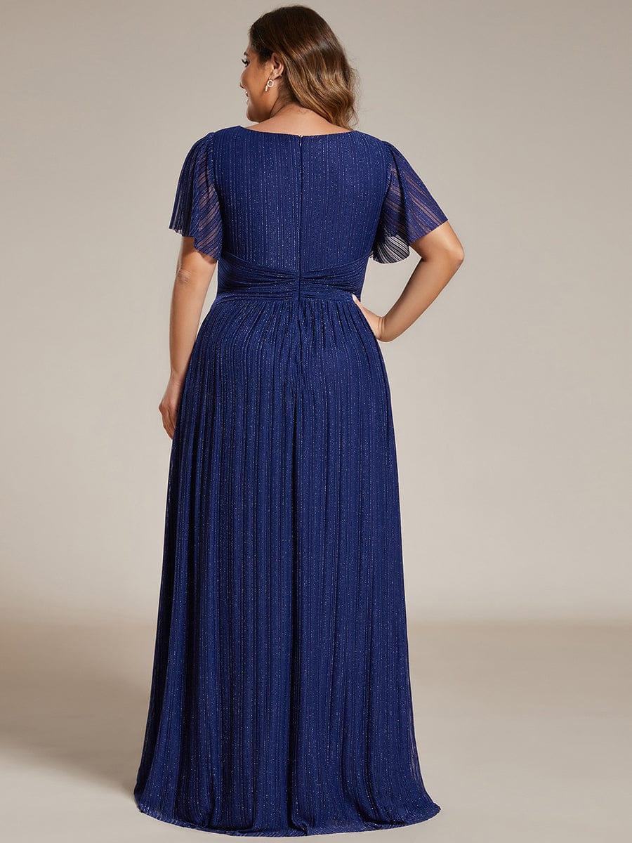 Plus Size Sparkle Short Sleeves Formal Evening Dress with V-Neck #color_Navy Blue