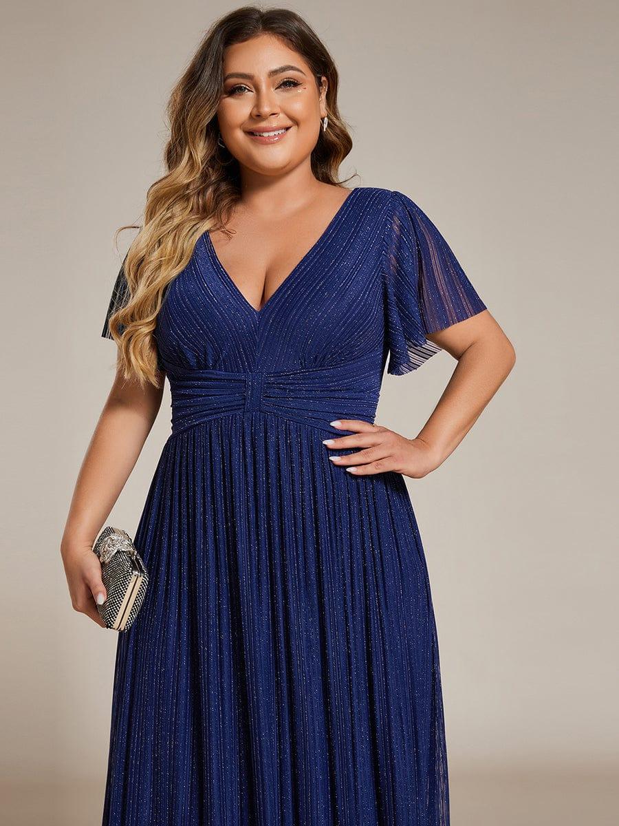 Sparkle Short Sleeves Formal Evening Dress with V-Neck #color_Navy Blue