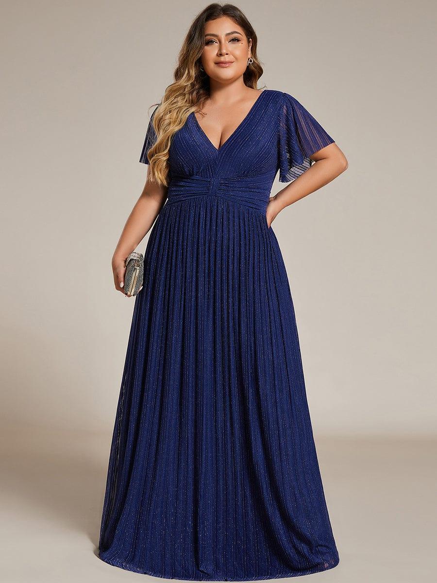Plus Size Sparkle Short Sleeves Formal Evening Dress with V-Neck #color_Navy Blue
