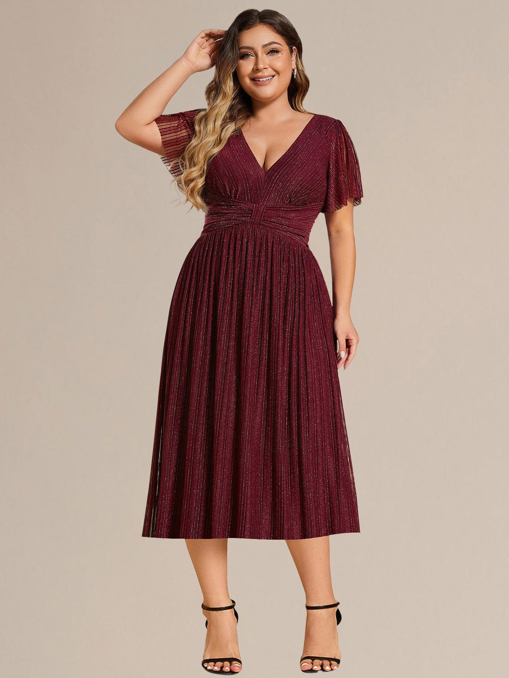 Sparkly V Neck Glitter Midi Evening Dress with Short Sleeves