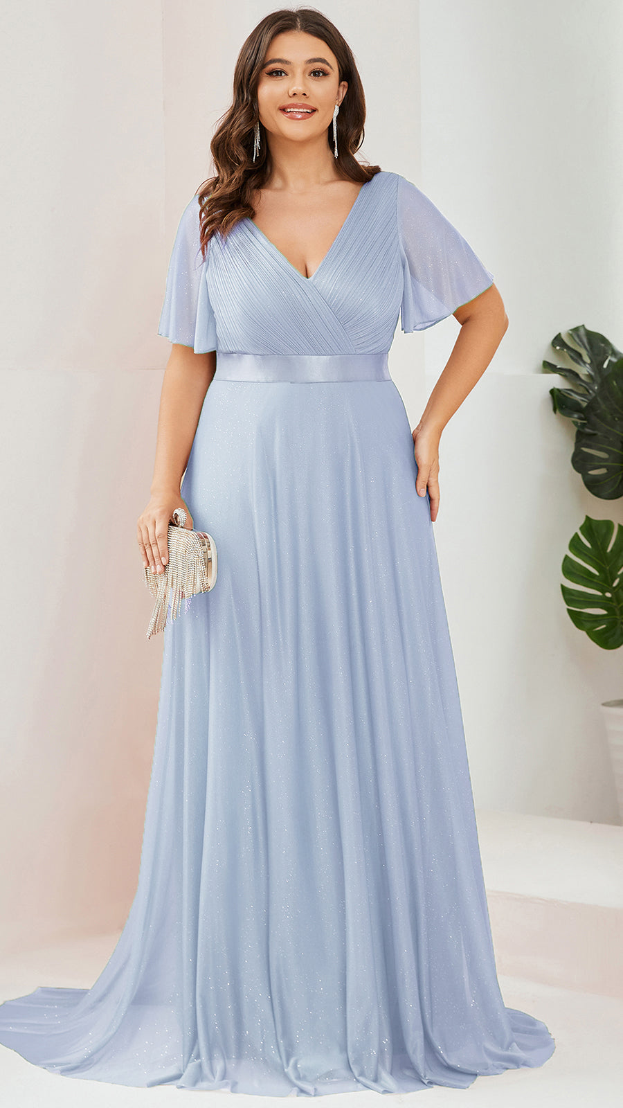Plus Size Long Shimmery Pleated V-Neck Evening Dress with Flutter Sleeve #color_Ice Blue