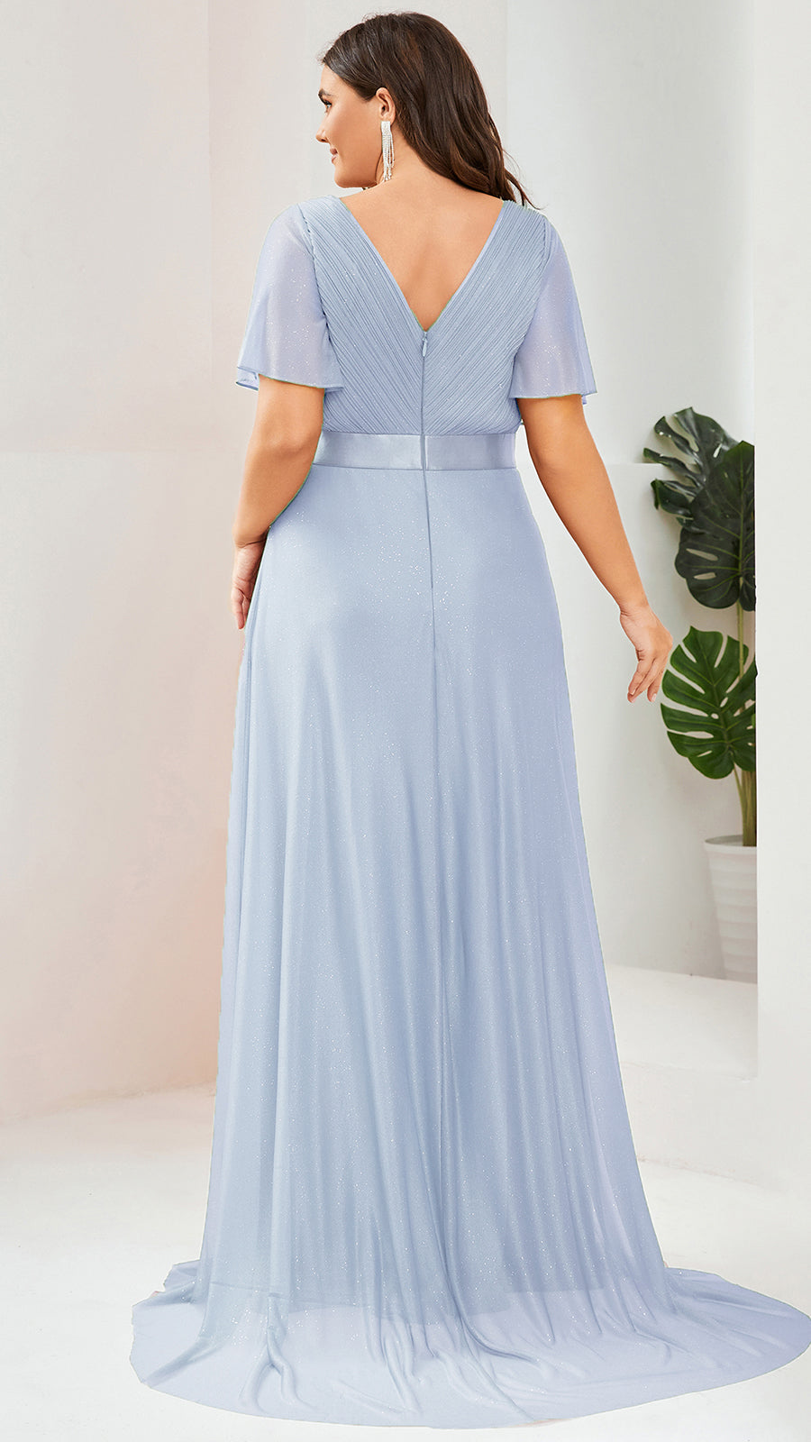 Plus Size Long Shimmery Pleated V-Neck Evening Dress with Flutter Sleeve #color_Ice Blue