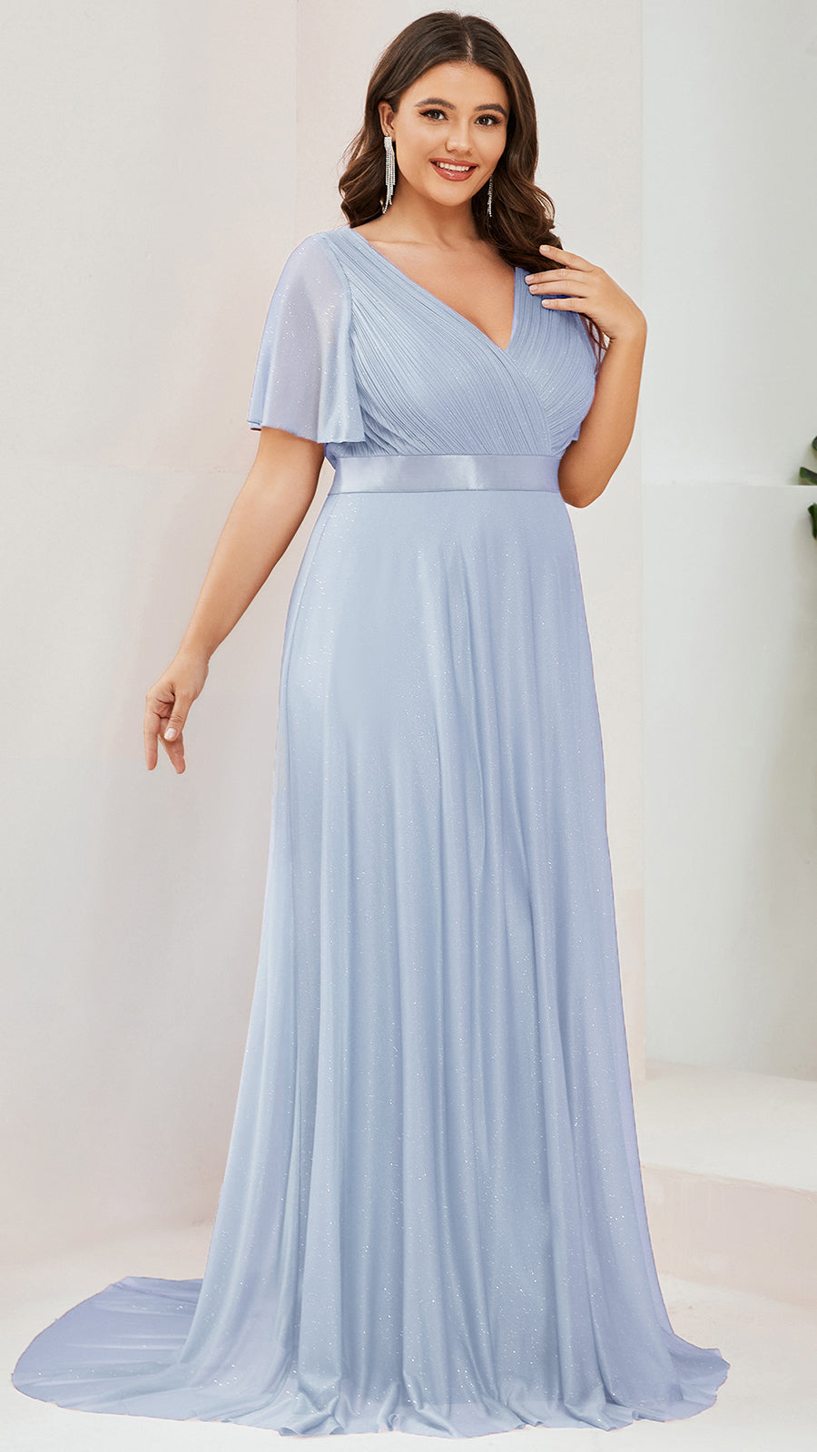 Plus Size Long Shimmery Pleated V-Neck Evening Dress with Flutter Sleeve #color_Ice Blue