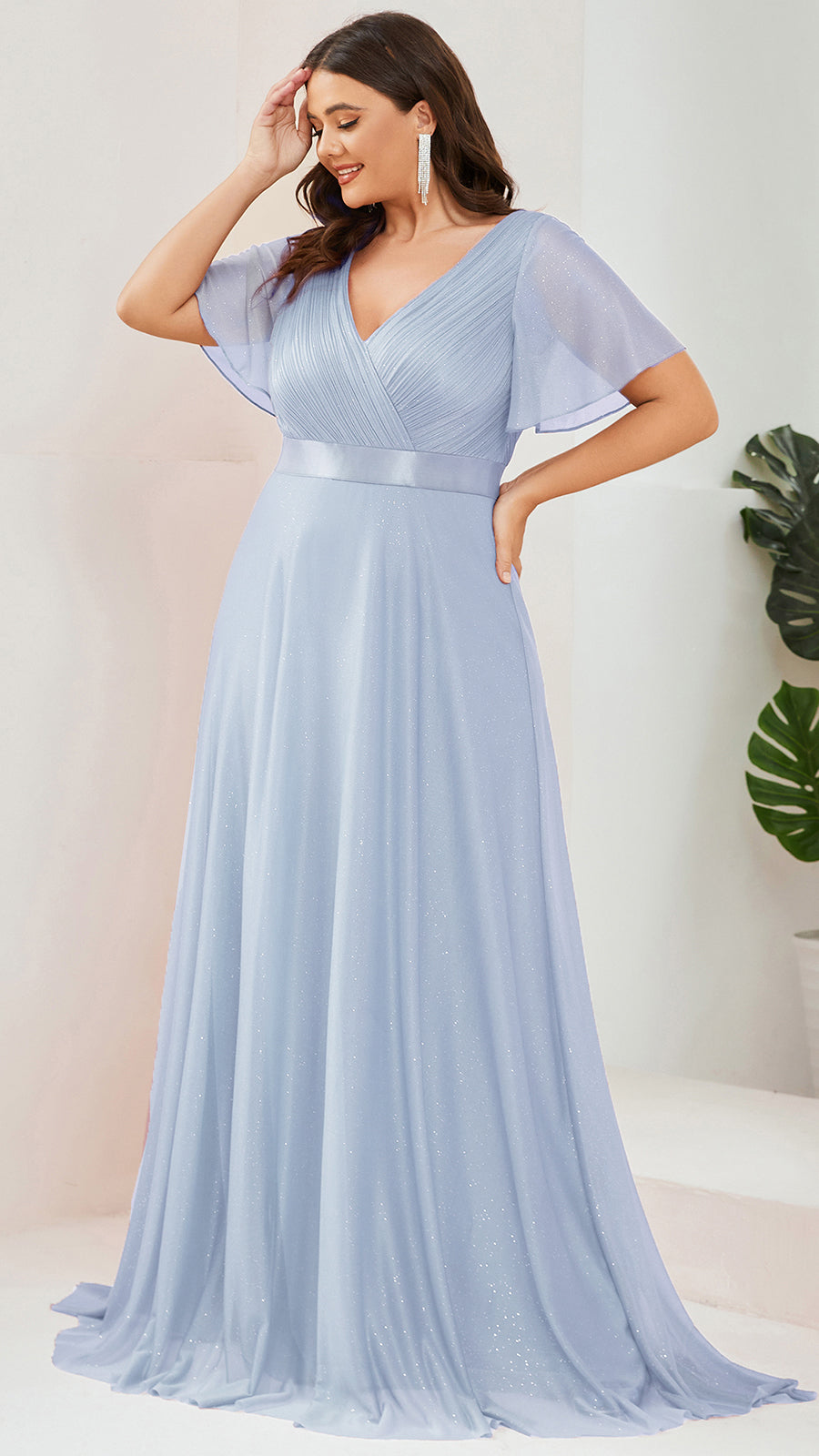 Plus Size Long Shimmery Pleated V-Neck Evening Dress with Flutter Sleeve #color_Ice Blue