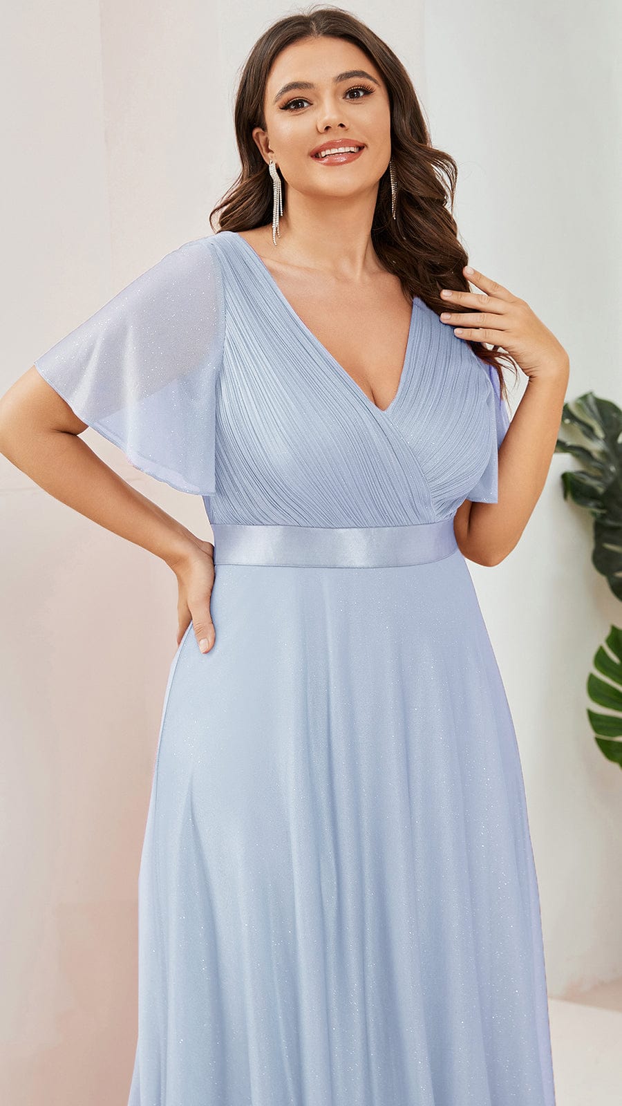 Plus Size Long Shimmery Pleated V-Neck Evening Dress with Flutter Sleeve #color_Ice Blue