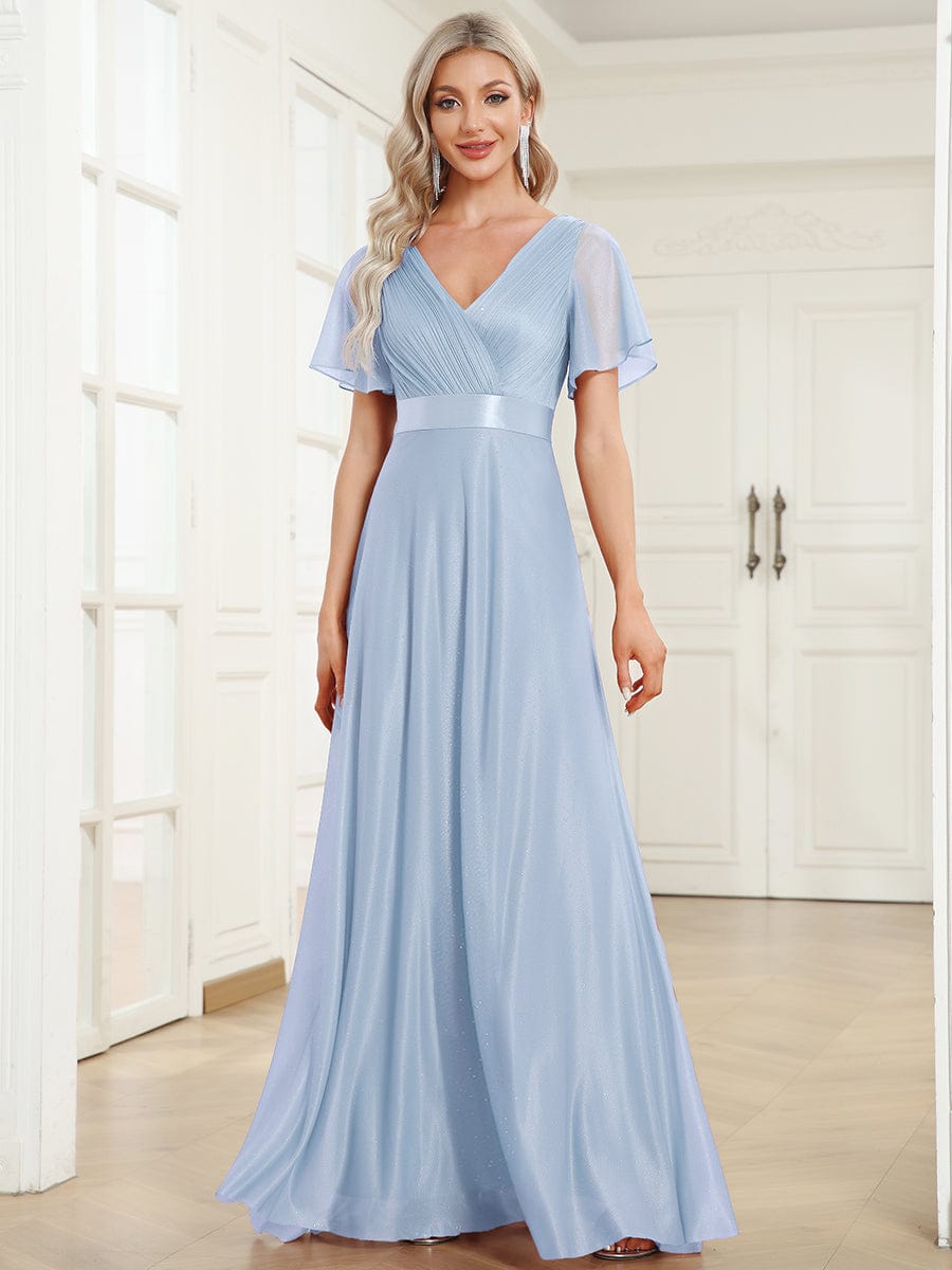 Long Shimmery Flutter Sleeve Pleated V-Neck Evening Dress #color_Ice Blue