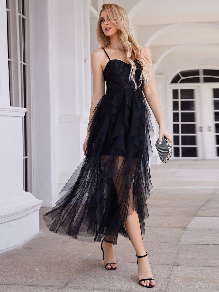Sleeveless Sweetheart Corset Top Tulle Evening Dress with See-Through #color_Black