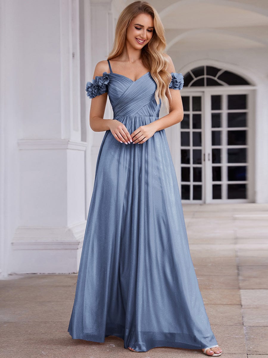 Sparkling V-Neck Cold-Shoulder Pleated Evening Dress with Floral Details #color_Dusty Blue
