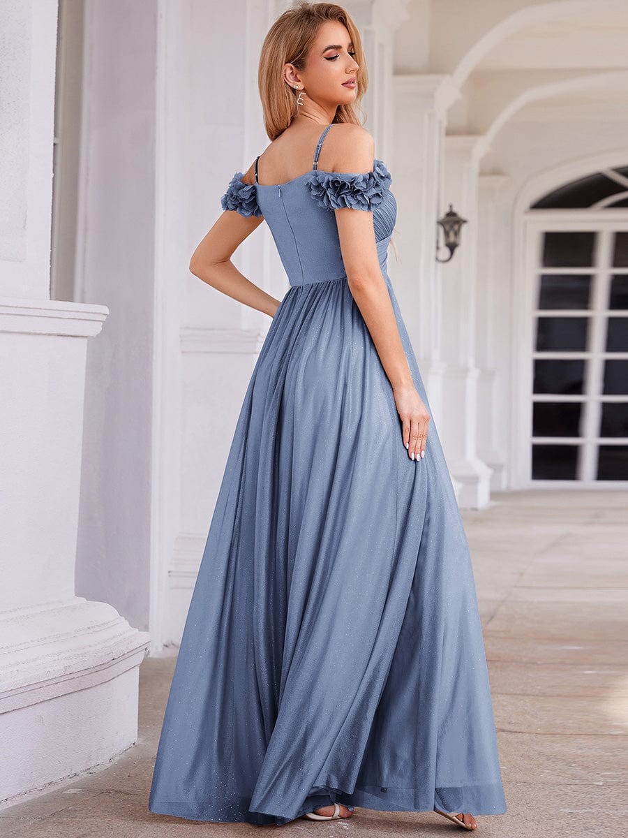 Sparkling V-Neck Cold-Shoulder Pleated Evening Dress with Floral Details #color_Dusty Blue