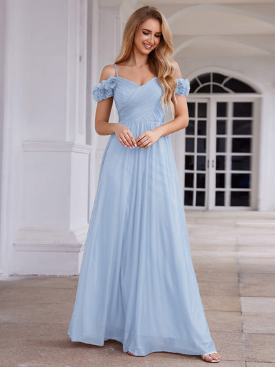 Sparkling V-Neck Cold-Shoulder Pleated Evening Dress with Floral Details #color_Ice Blue