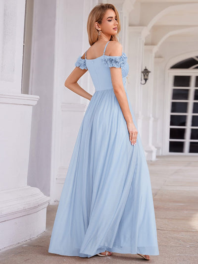 Sparkling V-Neck Cold-Shoulder Pleated Evening Dress with Floral Details #color_Ice Blue