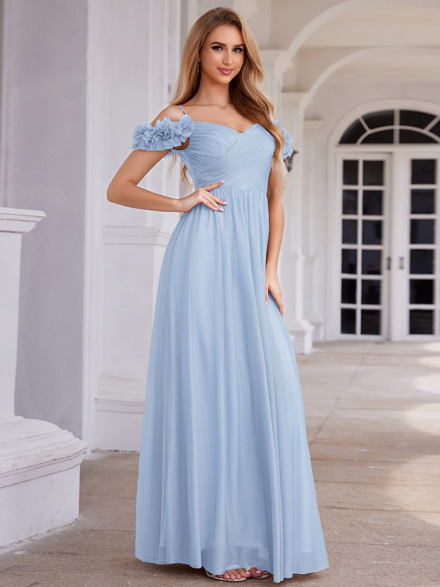 Sparkling V-Neck Cold-Shoulder Pleated Evening Dress with Floral Details #color_Ice Blue