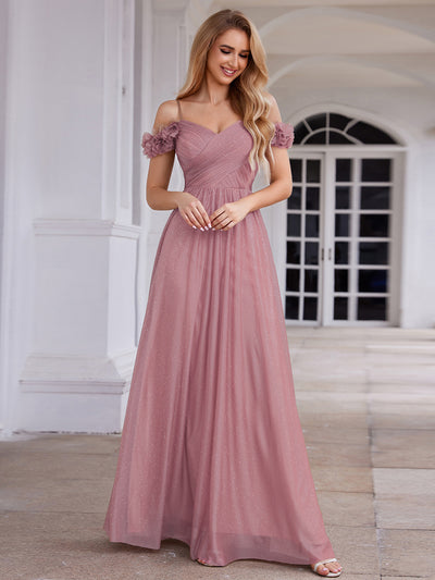 Sparkling V-Neck Cold-Shoulder Pleated Evening Dress with Floral Details #color_Purple Orchid
