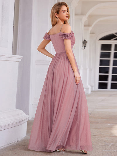 Sparkling V-Neck Cold-Shoulder Pleated Evening Dress with Floral Details #color_Purple Orchid
