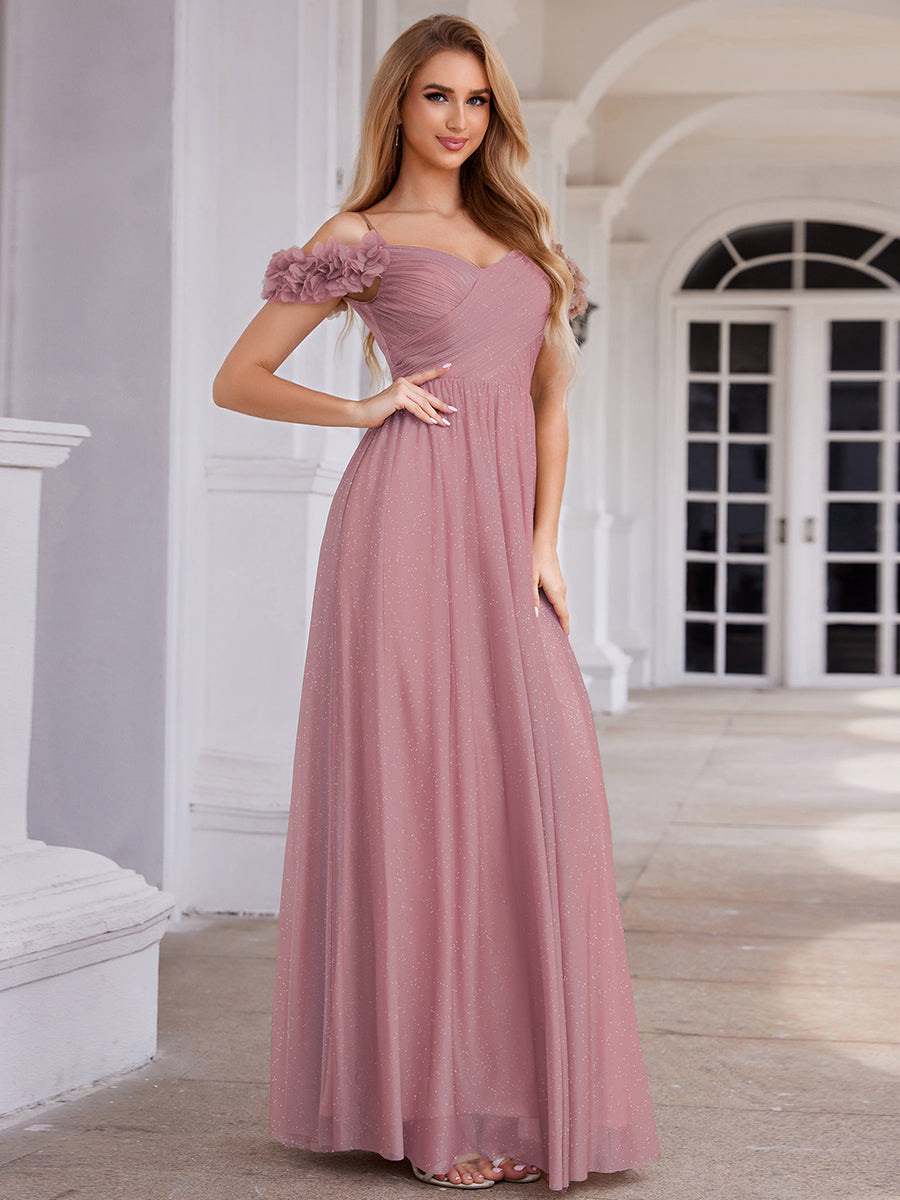 Sparkling V-Neck Cold-Shoulder Pleated Evening Dress with Floral Details #color_Purple Orchid