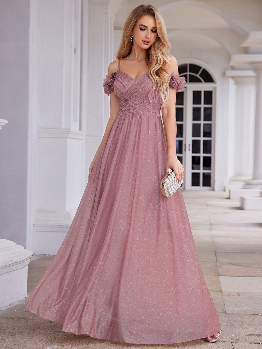 Sparkling V-Neck Cold-Shoulder Pleated Evening Dress with Floral Details #color_Purple Orchid