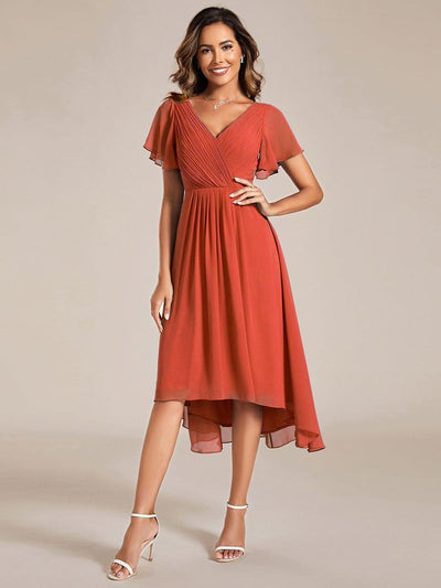Chic V Neck High-Low Evening Dress #color_Burnt Orange