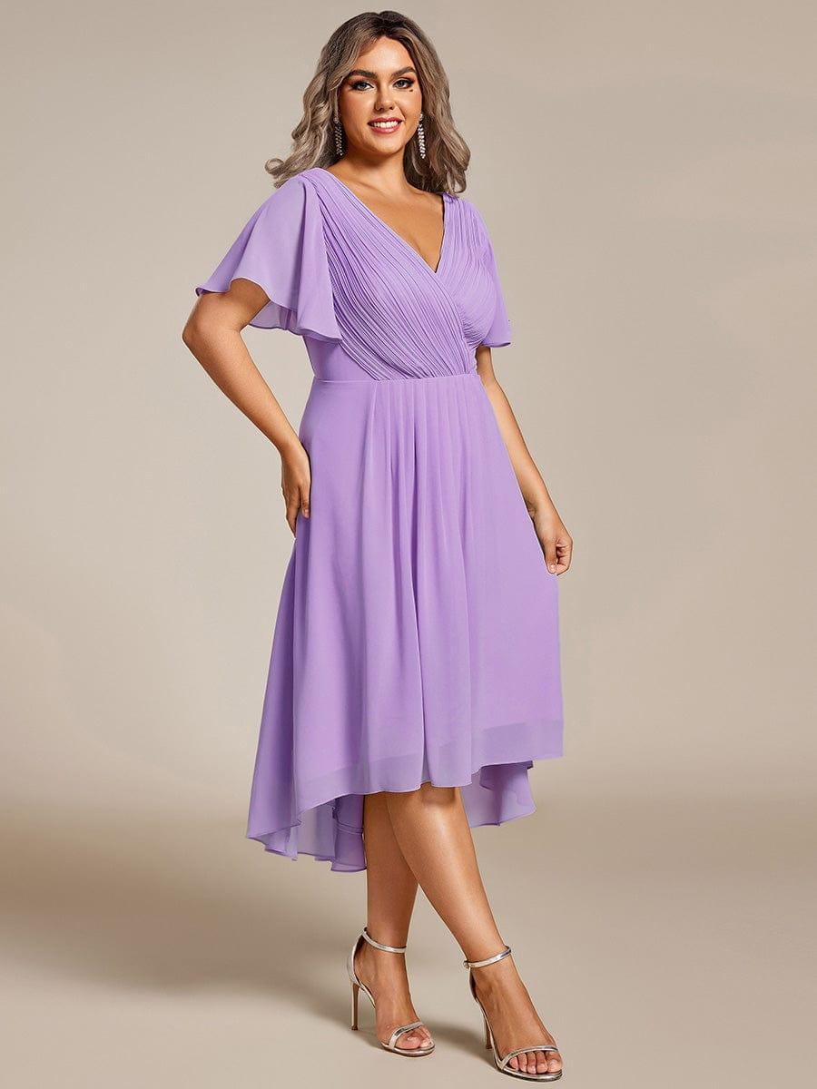 Plus Size V-Neck High-Low Chiffon Wedding Guest Dress #color_Lavender