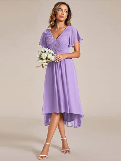 Chic V Neck High-Low Evening Dress #color_Lavender