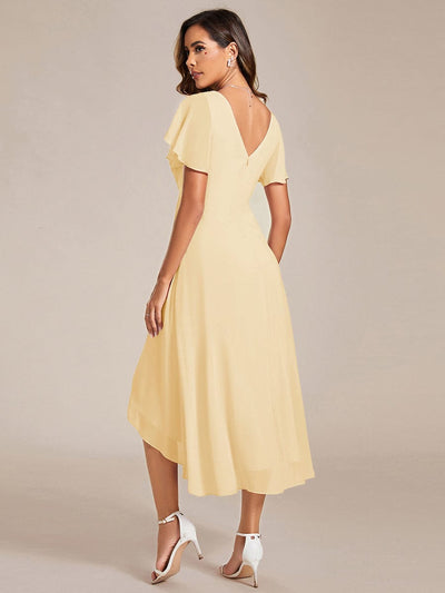 Chic V Neck High-Low Short Sleeve Wedding Guest Dress #color_Yellow