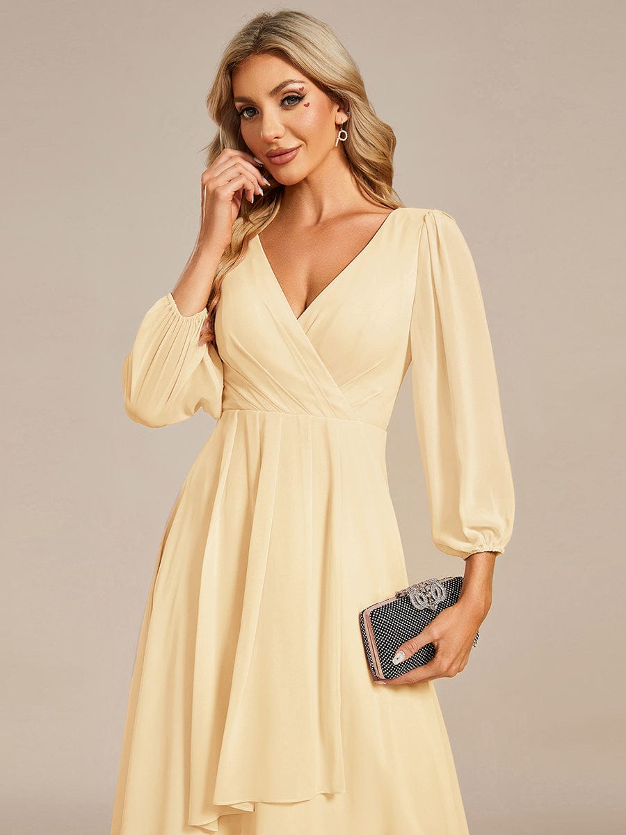 Chiffon Long Sleeve V-Neck High Low Wedding Guest Dress #color_Yellow