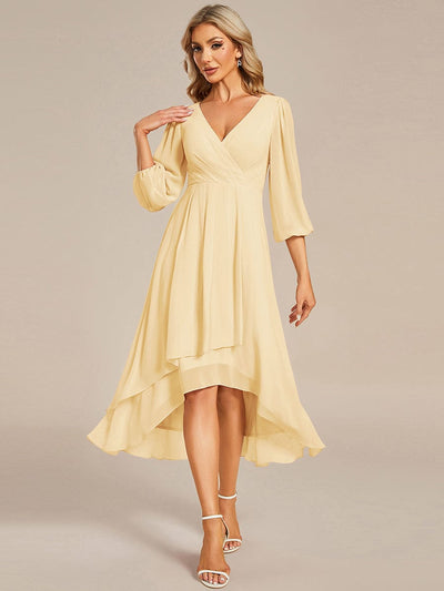 Chiffon Long Sleeve V-Neck High Low Wedding Guest Dress #color_Yellow