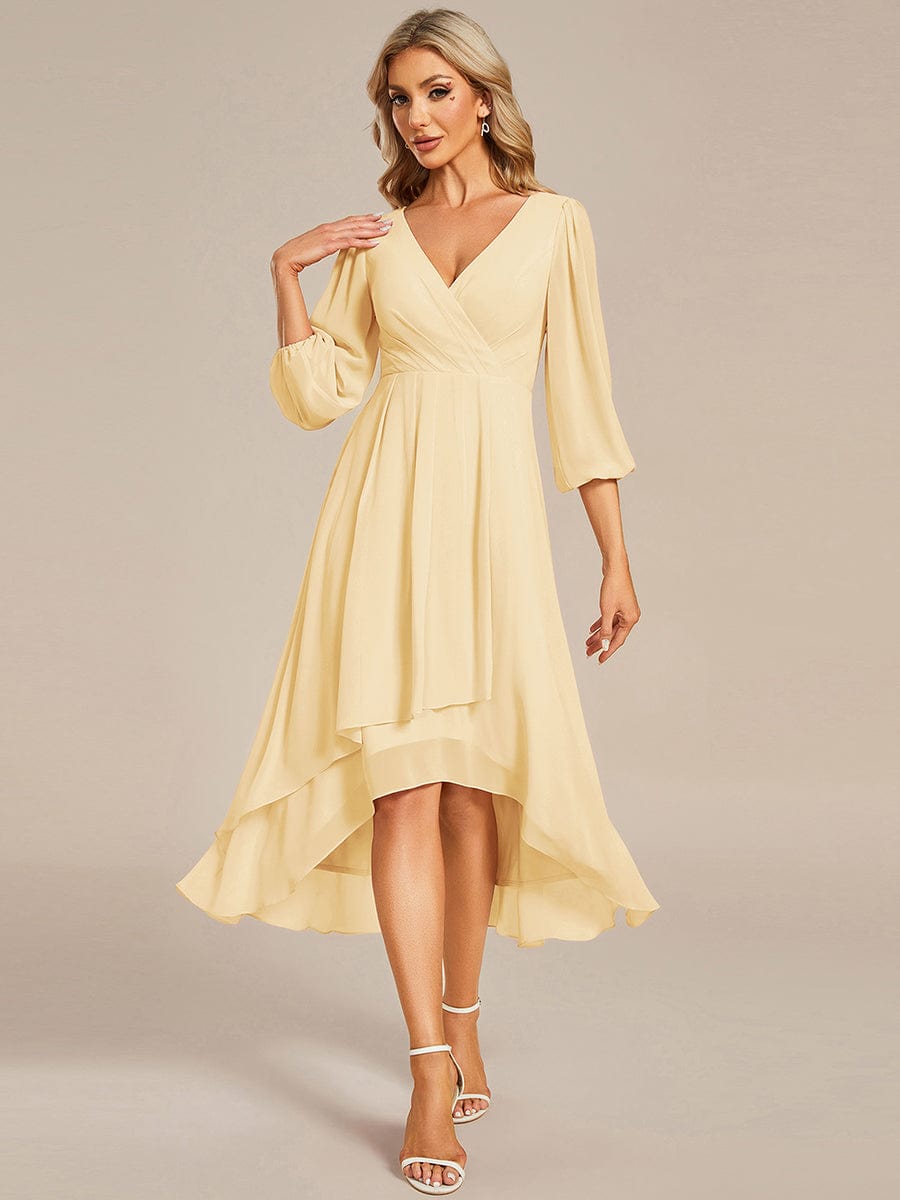 Chiffon Long Sleeve V-Neck High Low Wedding Guest Dress #color_Yellow