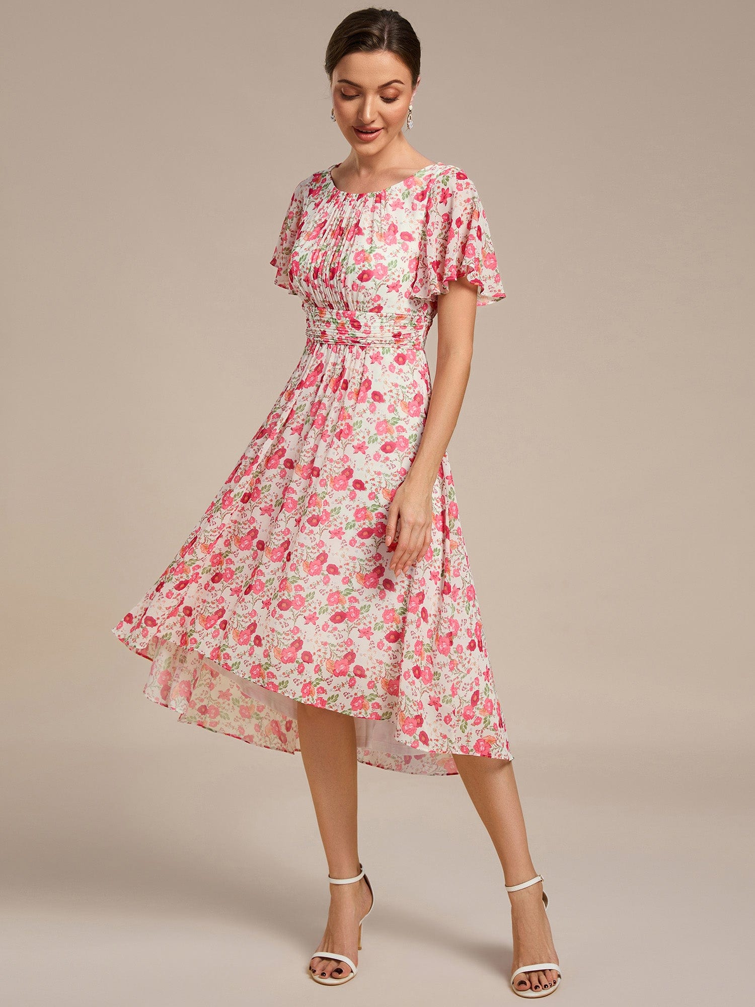 ever EDEN|Flowy Chiffon Round Neckline A-Line Midi Wedding Guest Dress #color_White Red