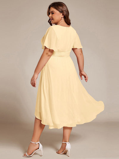 Flowy Chiffon Round Neckline A-Line Knee Length Wedding Guest Dress #color_Yellow