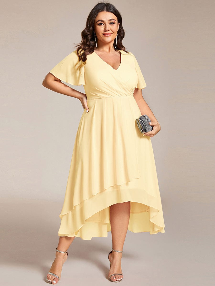Plus Size Chiffon Short Sleeve High-Low Wedding Guest Dress #color_Yellow