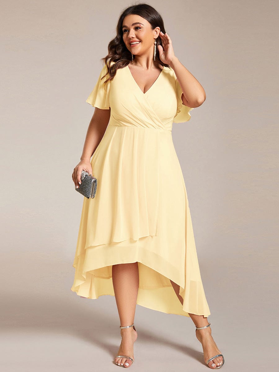 Plus Size Chiffon Short Sleeve High-Low Wedding Guest Dress #color_Yellow
